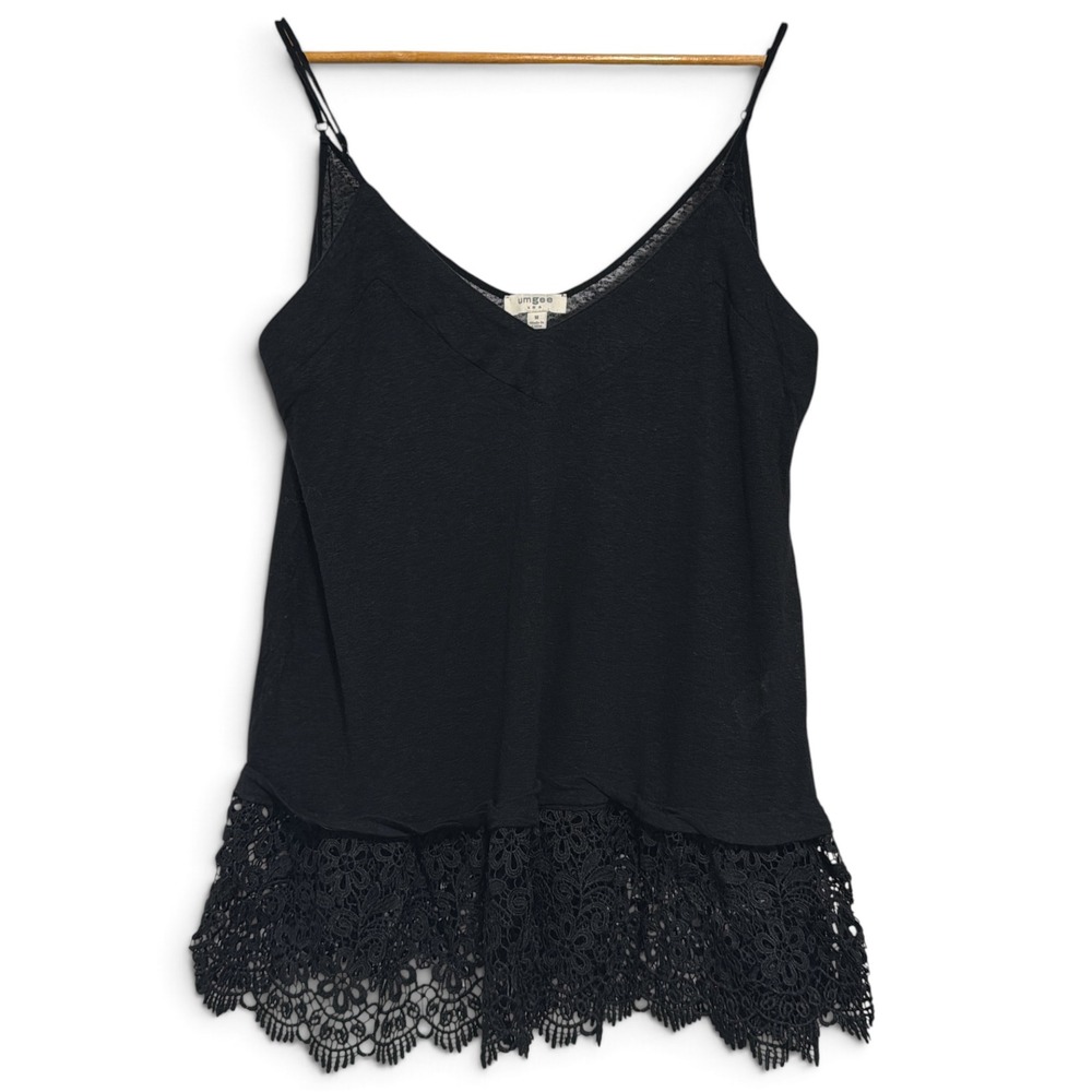 Umgee USA Black Linen Blend Lace Trim V-Neck Cami Tank Top C2335 Medium